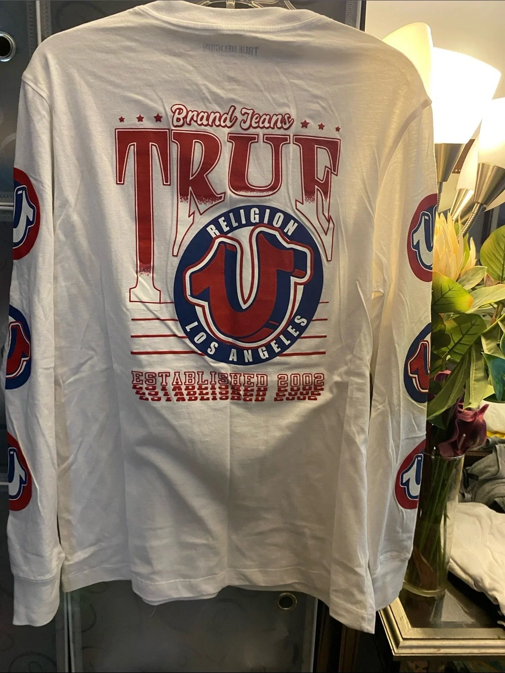 NWT, True Religion White Tee with Red & Blue Graphic Logo
